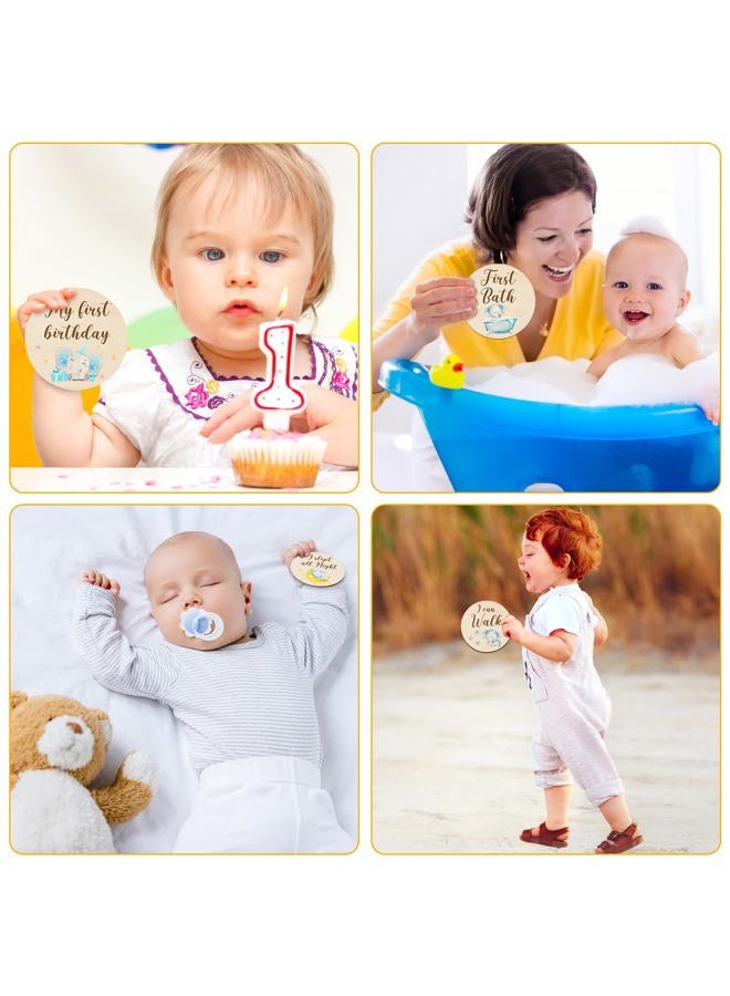 Tiamon 16 قطعة بطاقات milestones شهرية خشبية للأطفال أقراص علامات milestones شهرية مزدوجة الجوانب دوائر خشبية شهرية علامات للأطفال لمناسبات الاستحمام للأطفال حديثي الولادة (فيل أزرق) - Image 5