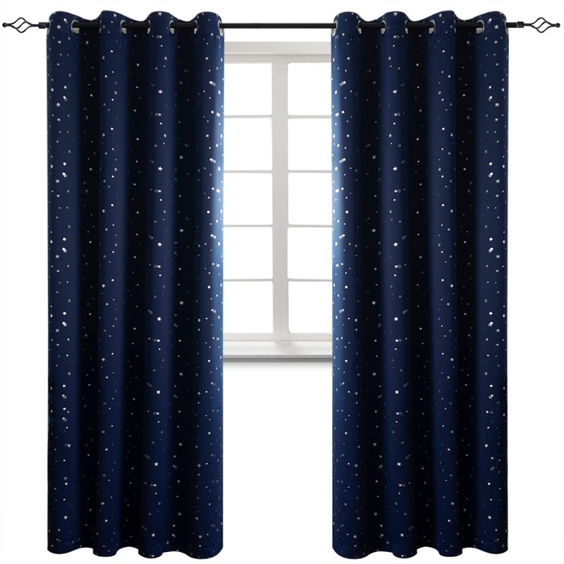 BGment Navy Star Blackout Curtains for Kids Bedroom  Grommet Thermal Insulated Room Darkening Printed Curtains for Living Room Set of 2 Panels 52 x 108 Inch Dark Blue