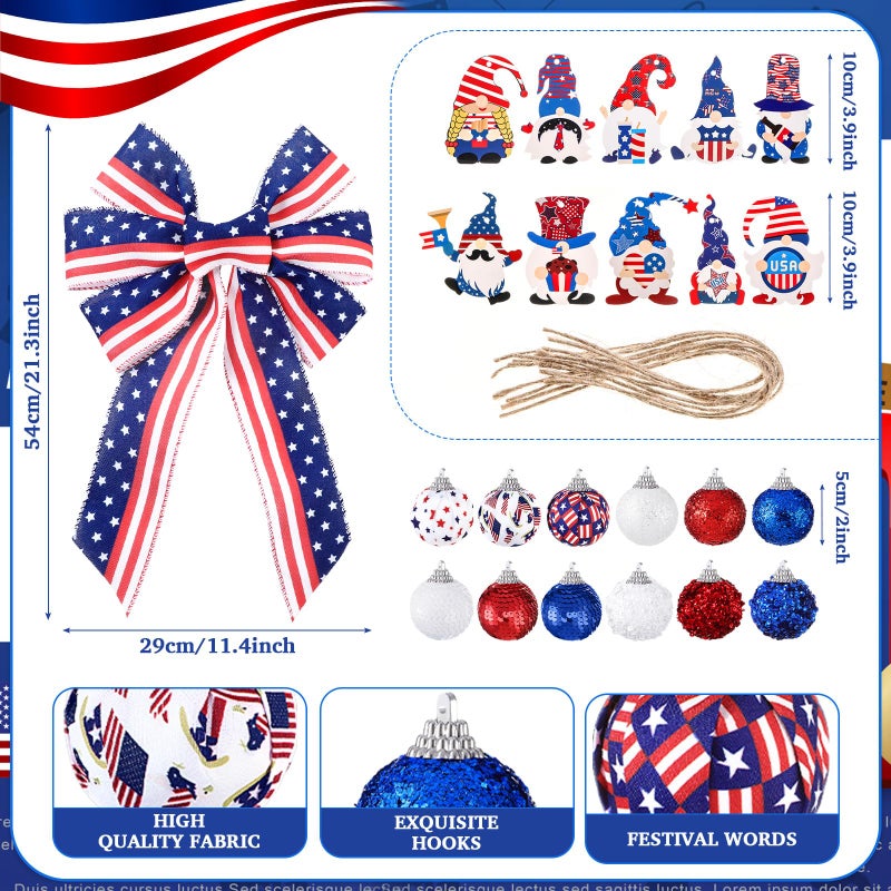 Halfchet 43 Pcs 4th of July Patriotic Tree Decorations Independence Day Christmas Tree Ornaments Ribbon Bow Topper Red White and Blue Hanging Ornaments for National Memorial Day Party - Image 3