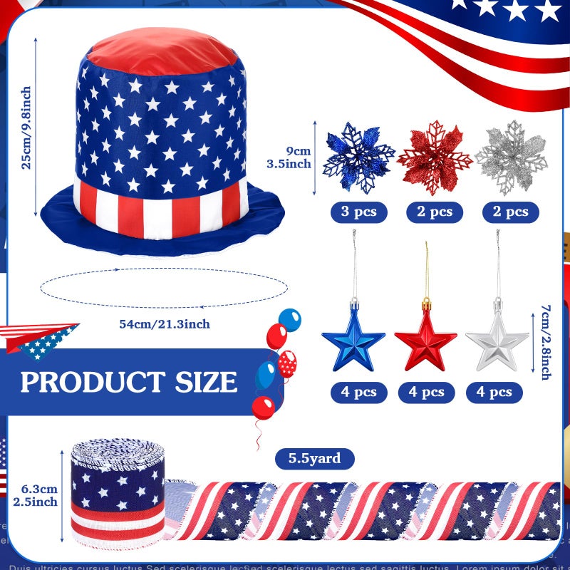 Halfchet 43 Pcs 4th of July Patriotic Tree Decorations Independence Day Christmas Tree Ornaments Ribbon Bow Topper Red White and Blue Hanging Ornaments for National Memorial Day Party - Image 2