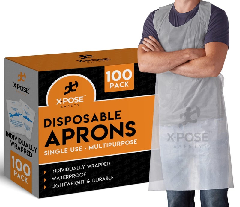 Xpose Safety 100 White Plastic Disposable Aprons for Cooking  more Individually Packaged Durable 1 Mil Waterproof Polyethylene 24 x 48