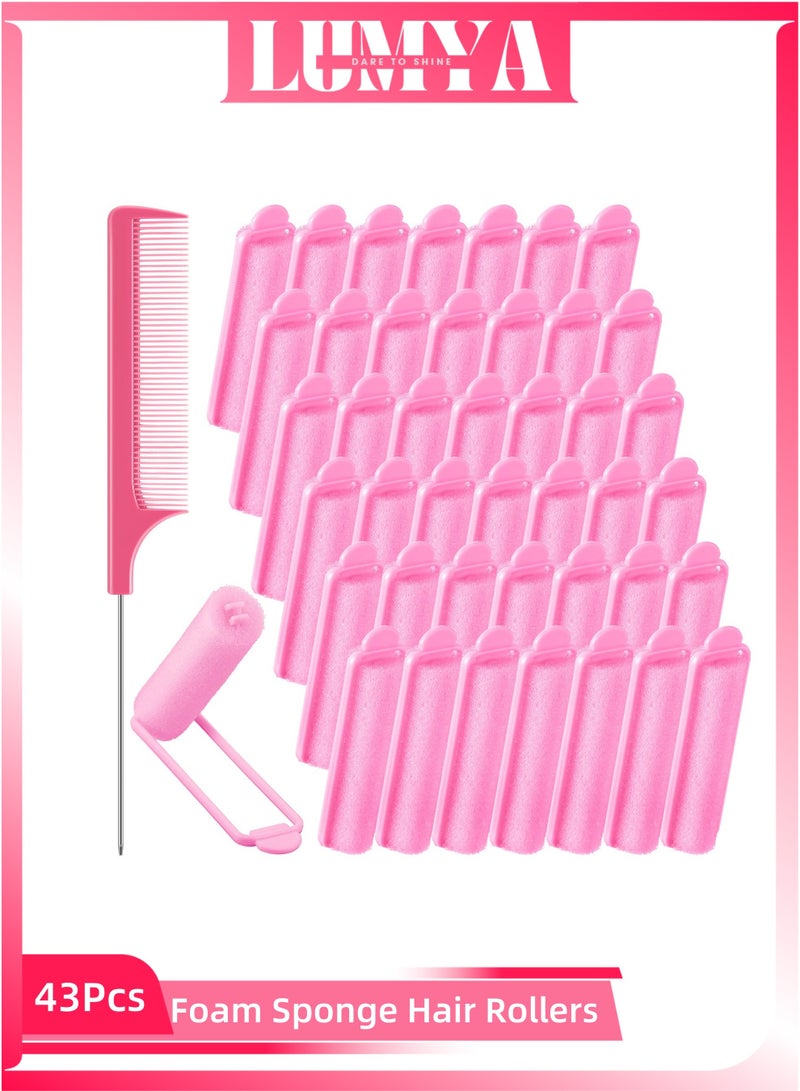 LUMYA 43 Pcs Foam Sponge Hair Rollers for Women, Soft Sleeping Curlers, Flexible Sponge Curler Tool With Rat Tail Comb for Hair Styling Hairdressing Overnight Curl and Volume (Pink) - Image 1