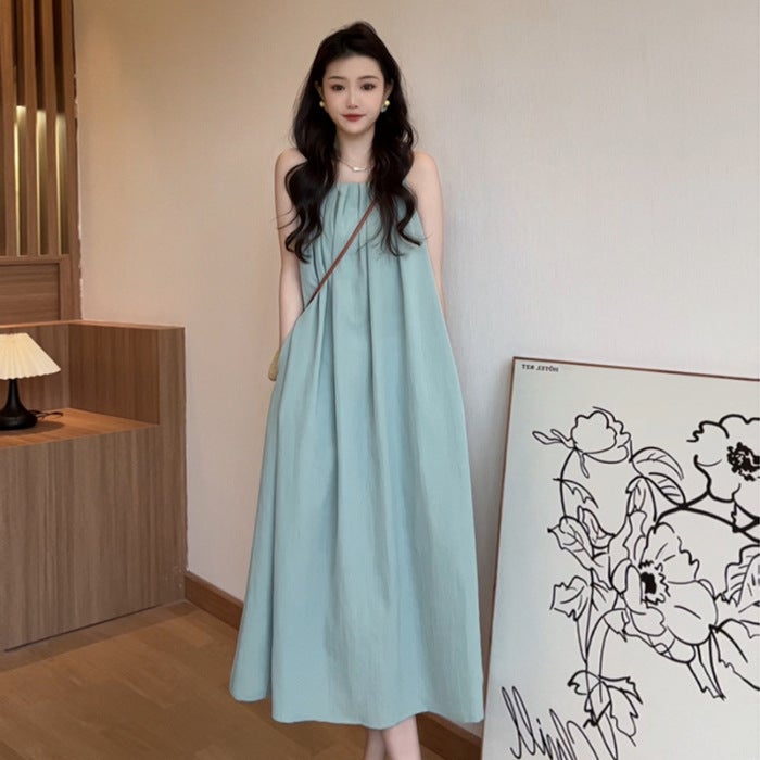 Sleeveless Vest dress Children Summer 2024 New Seaside Vacation High-end Hanging Neck Strap Beach Long Dress bean green - Image 1