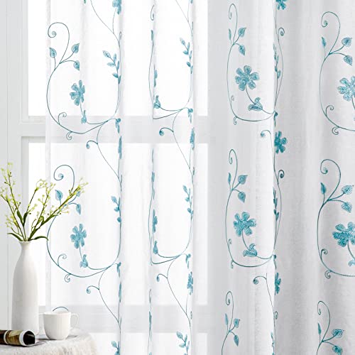 HOMEIDEAS White and Blue Embroidered Floral Sheer Curtains 84 Inches Long 2 Panels Flower Pattern Semi Sheer Window Curtains for Bedroom Living Room - Image 1