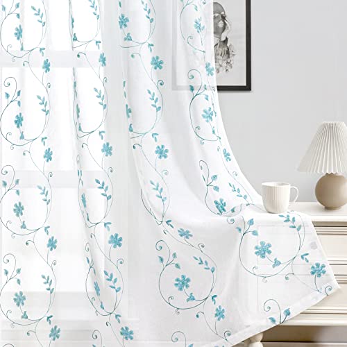 HOMEIDEAS White and Blue Embroidered Floral Sheer Curtains 84 Inches Long 2 Panels Flower Pattern Semi Sheer Window Curtains for Bedroom Living Room - Image 4