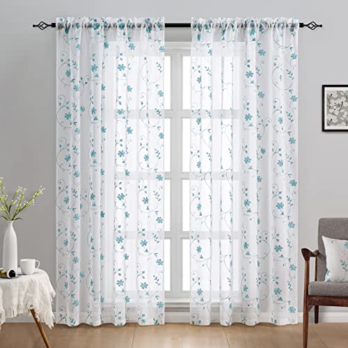 HOMEIDEAS White and Blue Embroidered Floral Sheer Curtains 84 Inches Long 2 Panels Flower Pattern Semi Sheer Window Curtains for Bedroom Living Room - Image 2