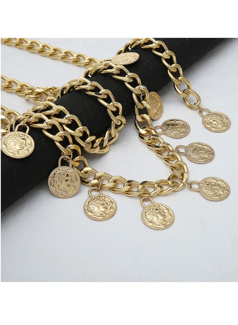 KASTWAVE Ladies Waist Chain, Vintage Coin Tassel Pendant Body Chain Double Punk Style Queen Embossed Charm Belt Adjustable Approx 94.5 Cm Long (Gold)  - Image 3