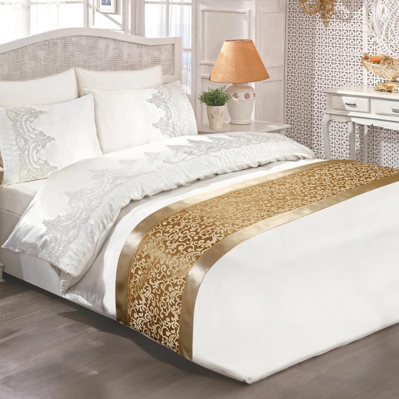 19.7 X 94.5 Inches Golden Bed Runner, Luxury Chinese Floral Bed End Scarf, Elegant Bedding Throw for Hotel Room, Guest Room, Master Bedroom - Image 4