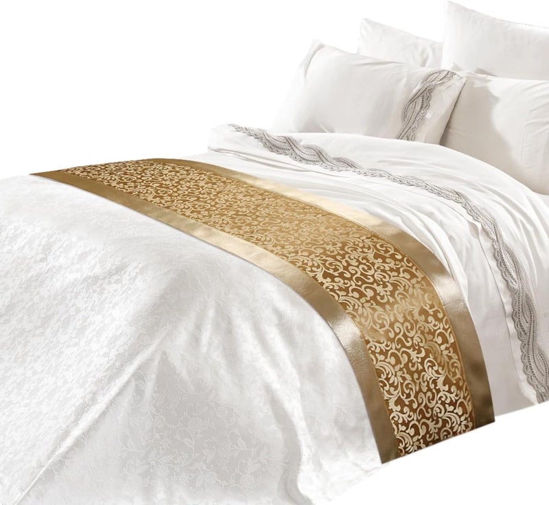 19.7 X 94.5 Inches Golden Bed Runner, Luxury Chinese Floral Bed End Scarf, Elegant Bedding Throw for Hotel Room, Guest Room, Master Bedroom - Image 1