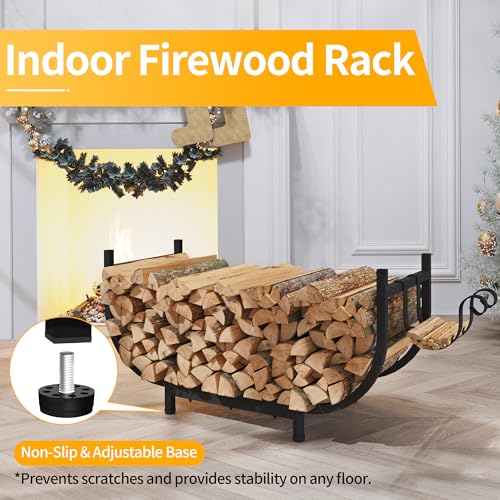 PROWORX Curved Firewood Rack Outdoor Indoor Black 30 Inch Rustproof Fire Wood Storage Organizer Metal Fireplace Log Holder with Removable Kindling Hooks - Image 3