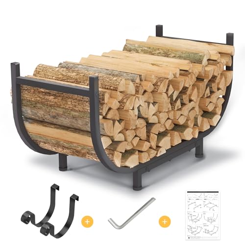 PROWORX Curved Firewood Rack Outdoor Indoor Black 30 Inch Rustproof Fire Wood Storage Organizer Metal Fireplace Log Holder with Removable Kindling Hooks - Image 1