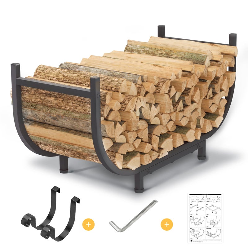 PROWORX Curved Firewood Rack Outdoor Indoor Black 30 Inch Rustproof Fire Wood Storage Organizer Metal Fireplace Log Holder with Removable Kindling Hooks - Image 2