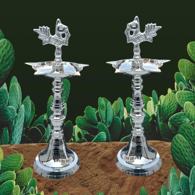 SILVER PLATED BRASS PEACOCK KERALA MAHABHARAT OILGHEE DIYA DEEPAK LAMP DESIGN LONG DIYAS FOR HOME POOJA ROOM PANCHARTI PANCHMUKHI DIYA FOR PUJA DECORATIONPACK OF 2