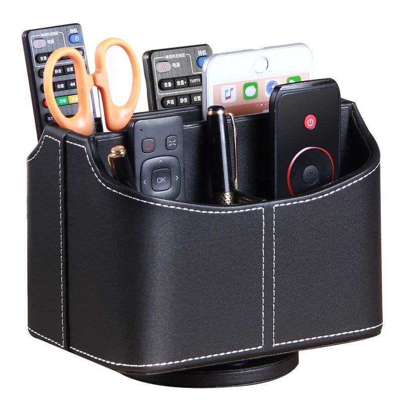PUSU Remote Control Holder 360 Degrees Rotatable Desk Stationery Supply Organizer PU Leather Desktop Storage Box for Controllers Media Bedside Spinning TV Caddy iPad Mobile Pencil Cosmetic - Image 1