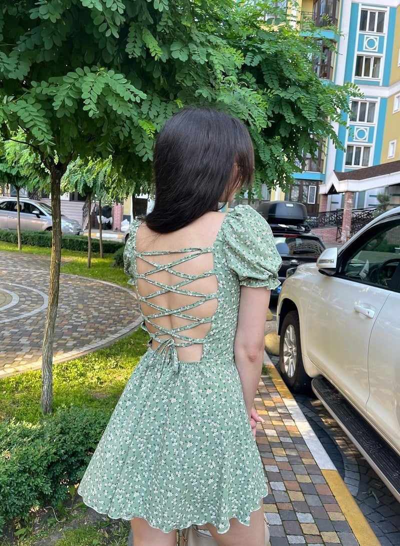 NIBEMINENT Women's Lace-up Retro Floral High-waisted Puffed-sleeve French Dress - Image 2
