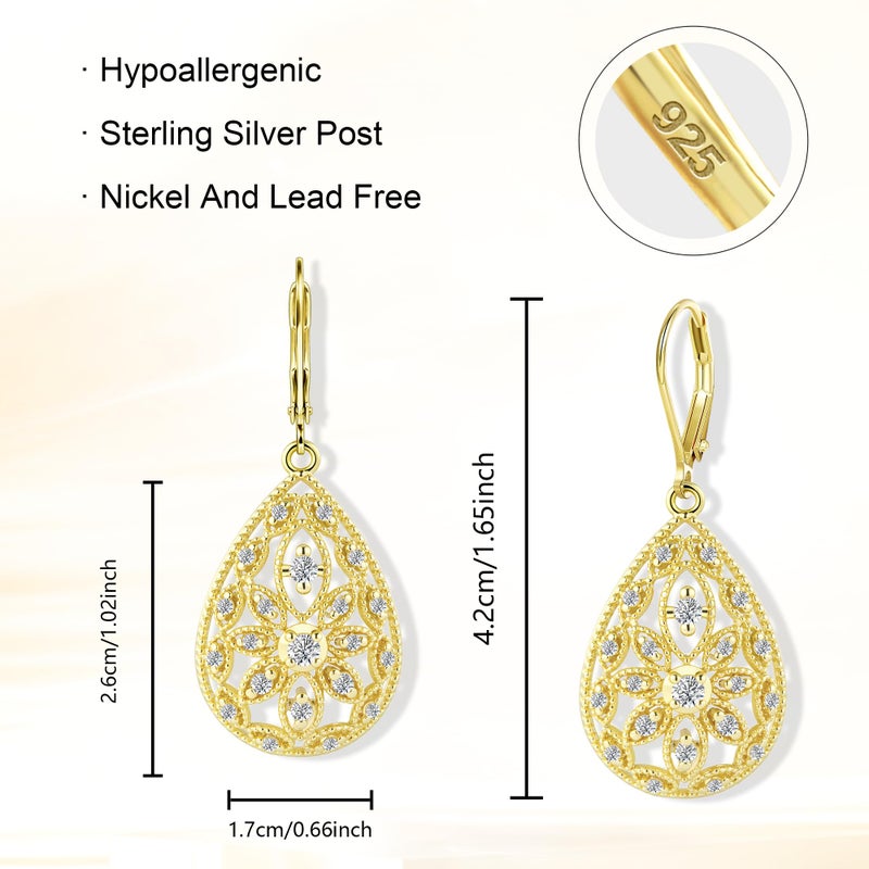 Lancharmed 14K Gold Earrings for Women Trendy Filigree Teardrop Dangle Earrings Gold Hypoallergenic Leverback Cubic Zirconia Drop Earring for Jewelry Gifts - Image 5