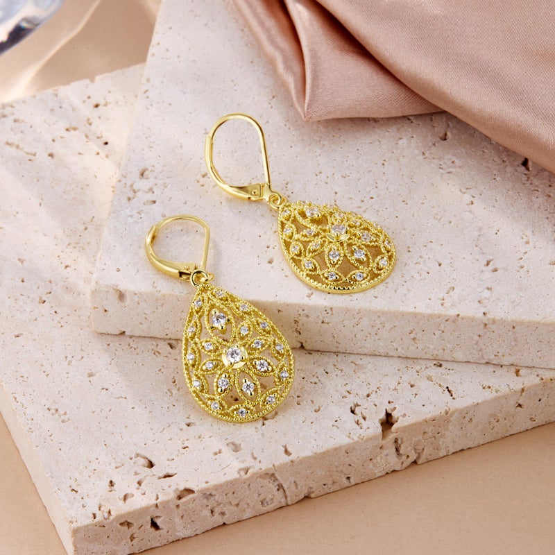 Lancharmed 14K Gold Earrings for Women Trendy Filigree Teardrop Dangle Earrings Gold Hypoallergenic Leverback Cubic Zirconia Drop Earring for Jewelry Gifts - Image 3