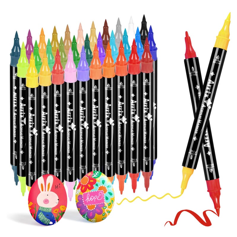 Arrtx Acrylic Paint Pens, 32 Colors Brush Tip and Fine Tip (Dual Tip) Paint Markers for Rock Painting, Water Based Acrylic Painting Supplies for Fabric Painting,Wood, Plastic, Canvas, Easter Egg - Image 1