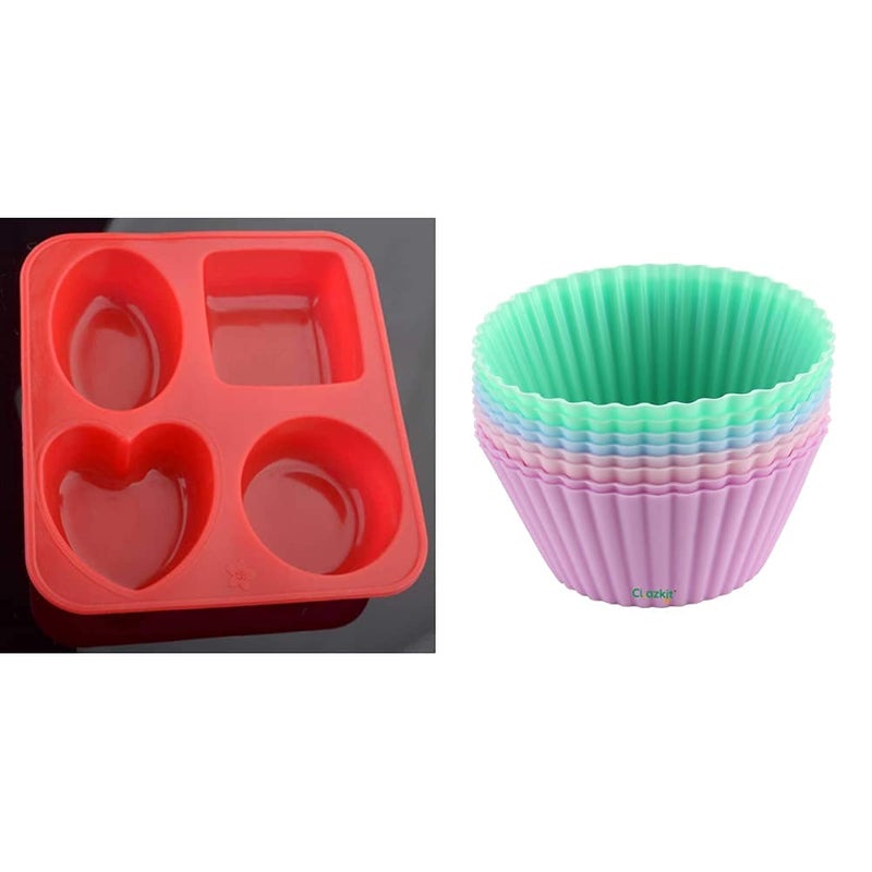 Clazkit Silicone Circle, Square, Oval and Heart Shape Soap Cake Making Mould, Multicolor + Silicone Muffin Moulds - 8-Pieces - Image 1
