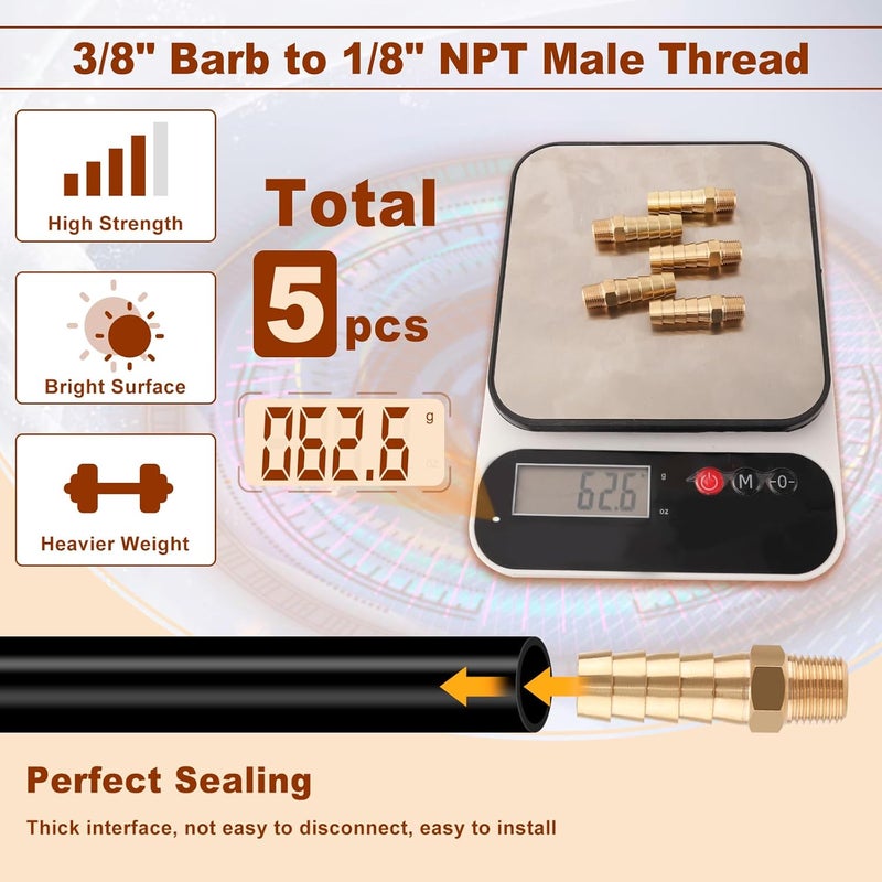 boeray 5 قطع تركيبات خرطوم نحاسية 3/8 بوصة إلى 1/8 بوصة خيوط ذكر NPT تركيبات خرطوم الهواء محول موصل تركيبات خط الماء والوقود والهواء 3/8 بوصة × 1/8 بوصة تركيبات نحاسية - Image 5