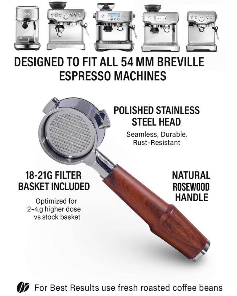 KNODOS 54mm Bottomless Portafilter Breville Compatible Rosewood Handle & Naked 18-21 Gram Filter Basket Included Fits Barista Express, Pro, Touch, Bambino Plus, Infuser, Duo Temp Pro Impress - Image 3