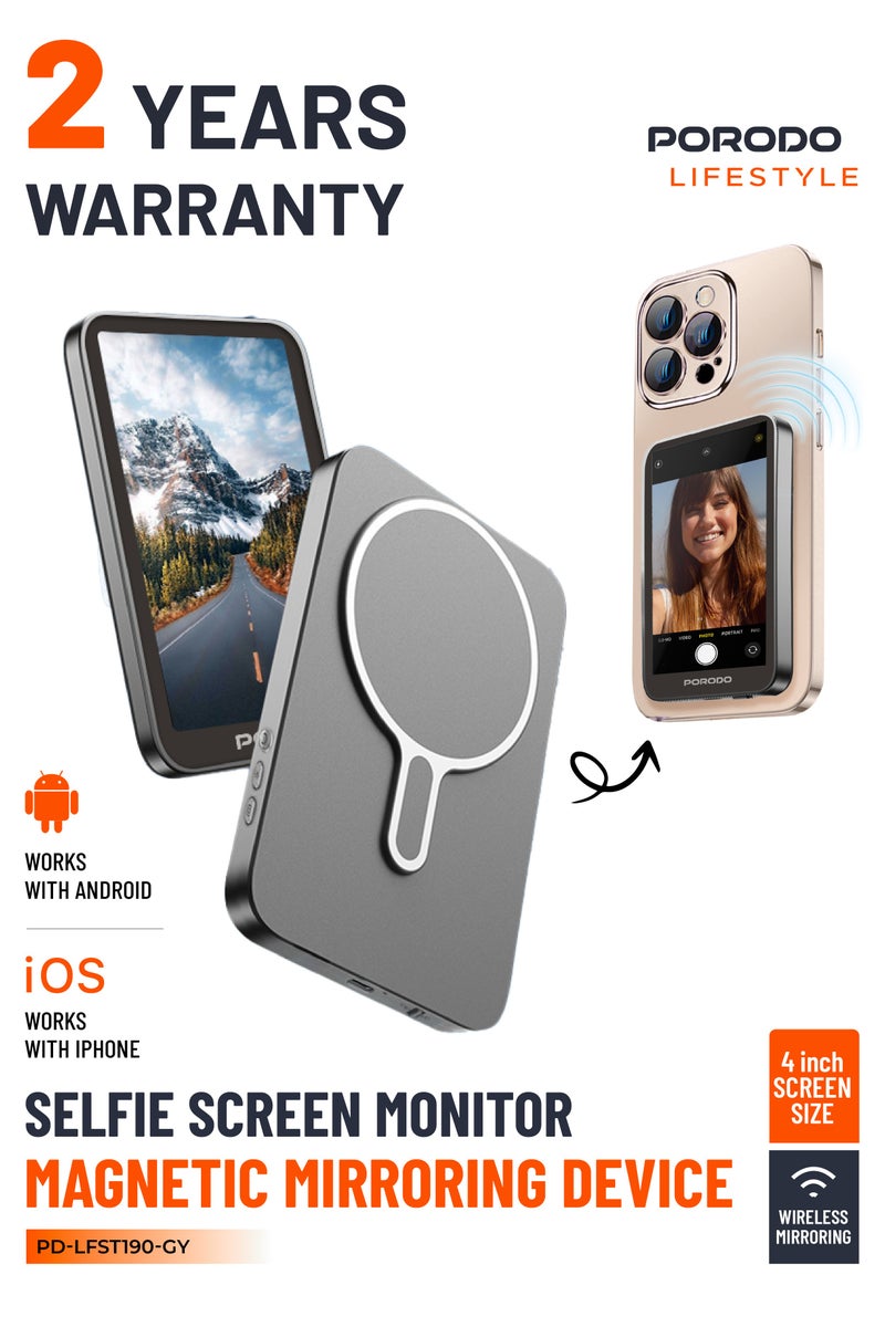 porodo Selfie Screen Monitor with 4.02" HD Screen/ Compact & Lightweight Magnetic Mirroring Device/180° Screen Rotation/ Wireless Smartphone Mirroring for Selfies, Video Calls & presentations - Grey - Image 1