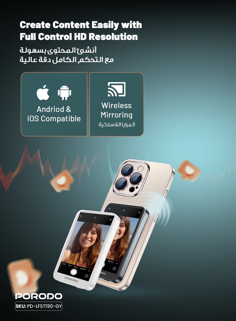 porodo Selfie Screen Monitor with 4.02" HD Screen/ Compact & Lightweight Magnetic Mirroring Device/180° Screen Rotation/ Wireless Smartphone Mirroring for Selfies, Video Calls & presentations - Grey - Image 3