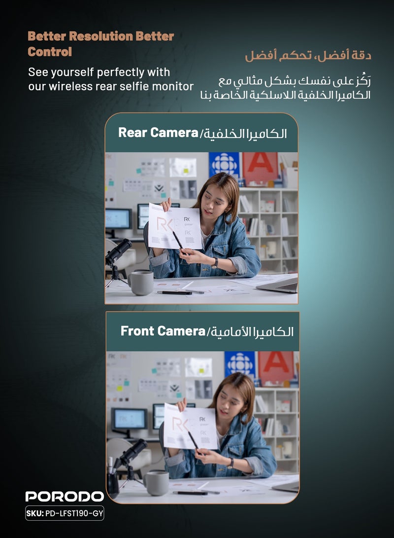 porodo Selfie Screen Monitor with 4.02" HD Screen/ Compact & Lightweight Magnetic Mirroring Device/180° Screen Rotation/ Wireless Smartphone Mirroring for Selfies, Video Calls & presentations - Grey - Image 4