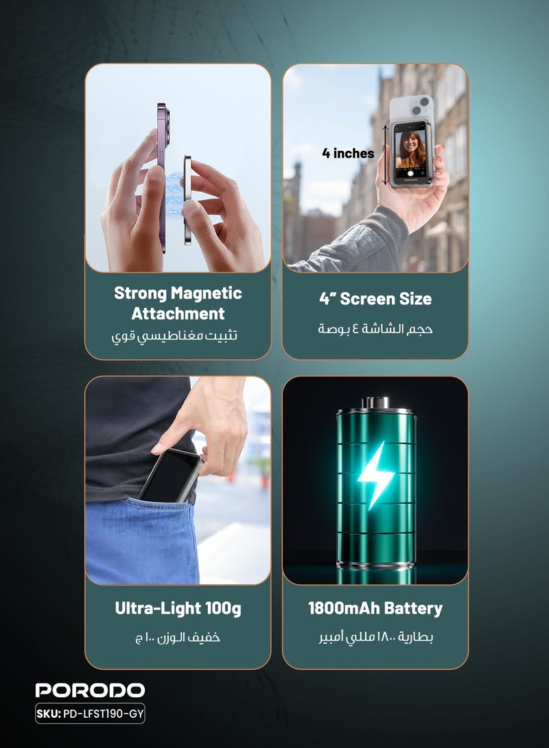 porodo Selfie Screen Monitor with 4.02" HD Screen/ Compact & Lightweight Magnetic Mirroring Device/180° Screen Rotation/ Wireless Smartphone Mirroring for Selfies, Video Calls & presentations - Grey - Image 5