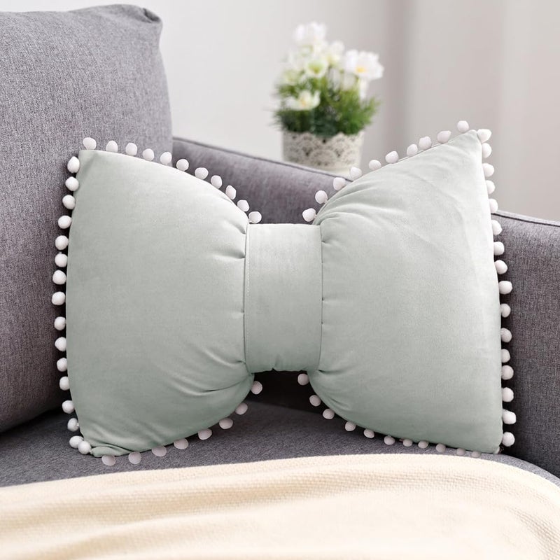 YDBDAT SKXKJ Boho Decorative Throw Pillow Covers with Pom Poms Soft Velvet Pillow Cases Bow Lumbar Pillow Covers 14 x 20 Cushion Case for Bed Couch Living Room Decor Silver - Image 1