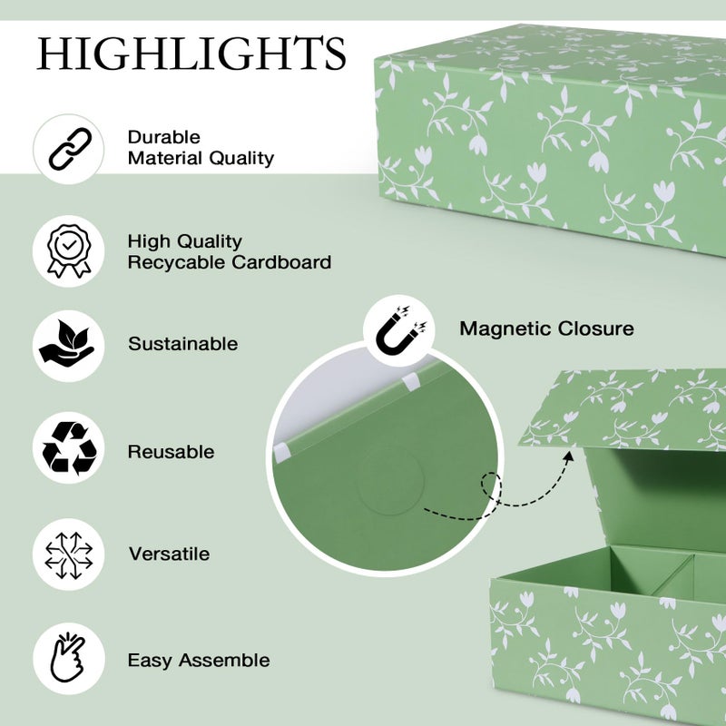 LFBOX Green Leaves Gift Box with Magnetic Lids 13.8x8.3x4.4 in, Large Bridesmaid Proposal Boxes, Rectangle Wedding Decorative Storage Box 1 Pack - Image 4