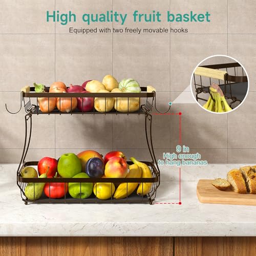 Sevenblue 2 Tier Fruit Basket for Kitchen Counter with 2 Banana Hangers, 2025 Pro Detachable Metal Fruit Bowl with Wooden Handle,Fruit Holder for Bread Snack Veggies, Brown - Image 2