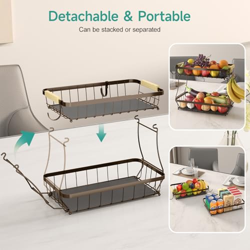 Sevenblue 2 Tier Fruit Basket for Kitchen Counter with 2 Banana Hangers, 2025 Pro Detachable Metal Fruit Bowl with Wooden Handle,Fruit Holder for Bread Snack Veggies, Brown - Image 3