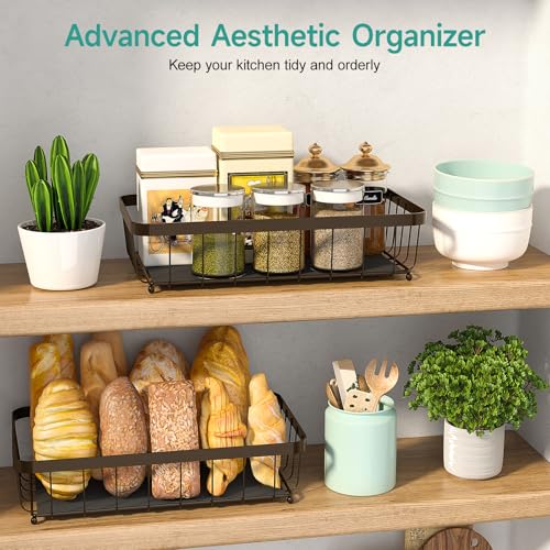 Sevenblue 2 Tier Fruit Basket for Kitchen Counter with 2 Banana Hangers, 2025 Pro Detachable Metal Fruit Bowl with Wooden Handle,Fruit Holder for Bread Snack Veggies, Brown - Image 4