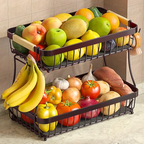 Sevenblue 2 Tier Fruit Basket for Kitchen Counter with 2 Banana Hangers, 2025 Pro Detachable Metal Fruit Bowl with Wooden Handle,Fruit Holder for Bread Snack Veggies, Brown - Image 1