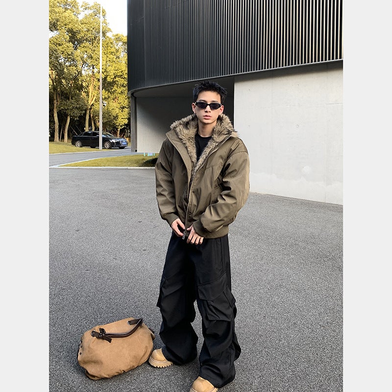 Plth * American Retro Deconstructed Jacket Winter Thickened Warm Wool Collar Joker High-Grade Quilted Cotton-Padded Jacket - Image 3