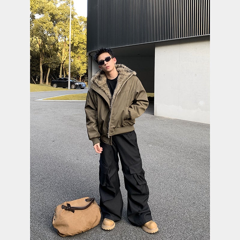 Plth * American Retro Deconstructed Jacket Winter Thickened Warm Wool Collar Joker High-Grade Quilted Cotton-Padded Jacket - Image 4