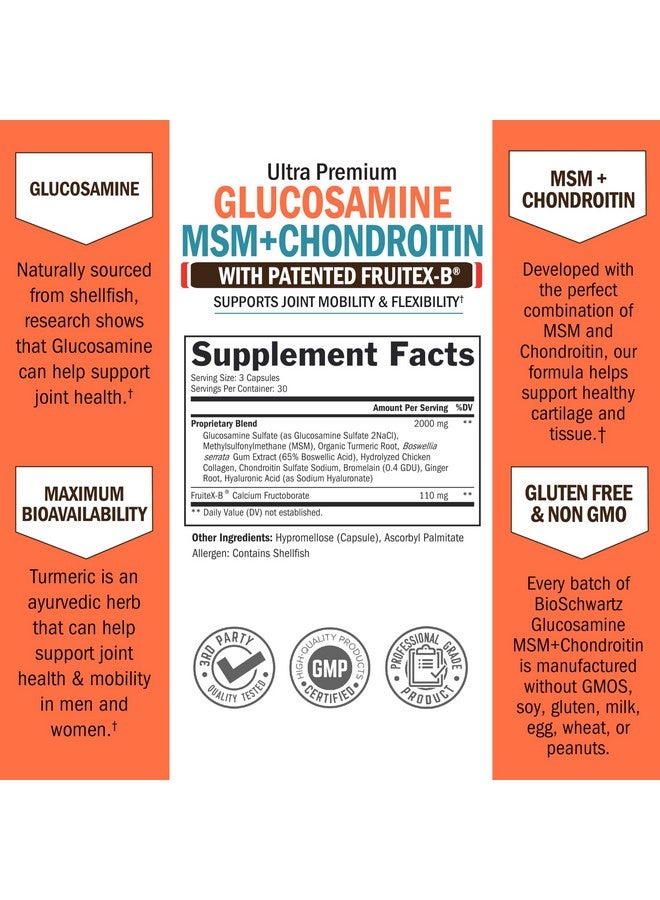 بيو شوارتز مكمل غذائي لدعم المفاصل، جلوكوزامين كوندرويتين MSM - معتمد من هيئة معايير الغذاء والدواء الأمريكية (FSA) - ببتيدات الكولاجين، الكركم والزنجبيل، حمض الهيالورونيك، كبريتات الجلوكوزامين كوندرويتين - خالٍ من الغلوتين، غير معدل وراثيًا، 90 كبسولة - Image 3