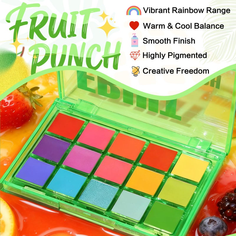 UCANBE Bright Colorful Neon Rainbow Makeup Eyeshadow Palette 15 Shades Green Purple Yellow Make Up Pallets Kit Vibrant Shimmer Matte Pigmented Blendable - Fruit Punch - Image 2