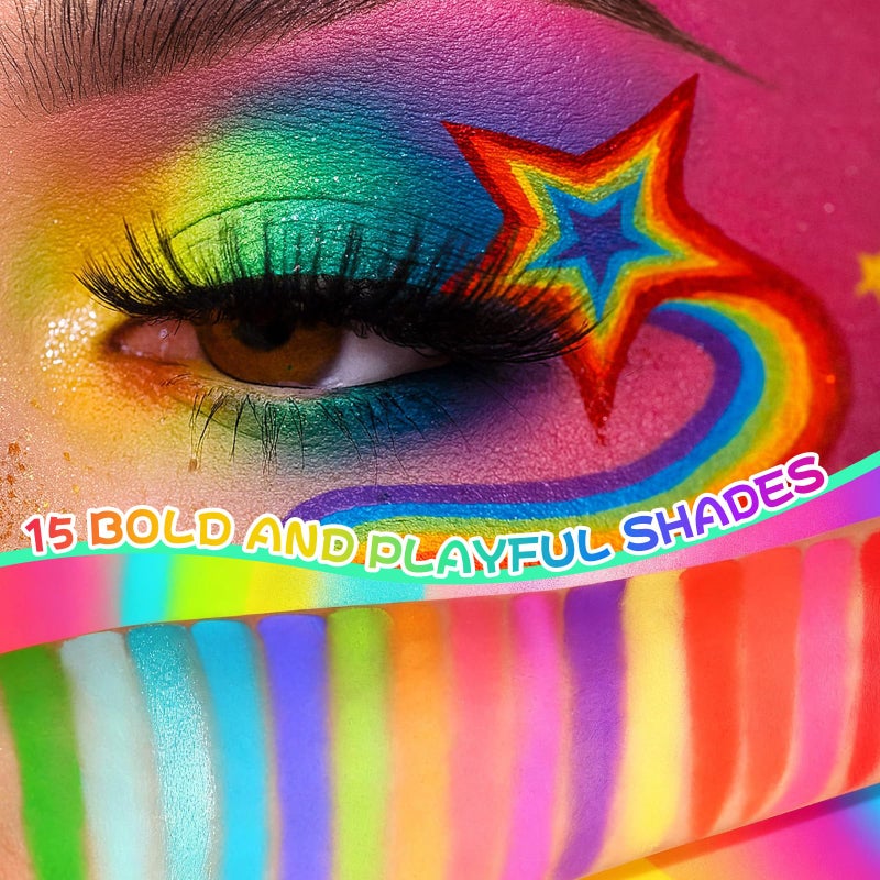 UCANBE Bright Colorful Neon Rainbow Makeup Eyeshadow Palette 15 Shades Green Purple Yellow Make Up Pallets Kit Vibrant Shimmer Matte Pigmented Blendable - Fruit Punch - Image 5