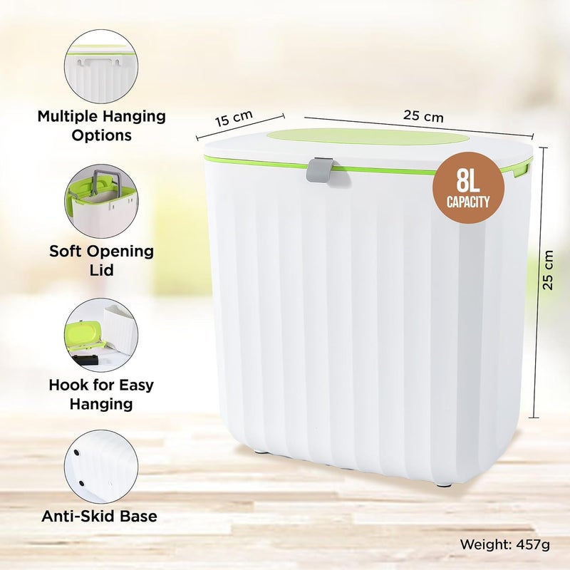 UMAI 8L Plastic Hanging Dustbin For Kitchen With Lid | Waste Bin For Bathroom | Trash Can | Under Sink Garbage Can | Wall Mounted With Double Sided Lid- Green - Image 4