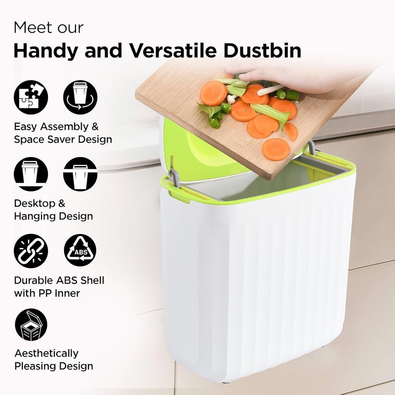 UMAI 8L Plastic Hanging Dustbin For Kitchen With Lid | Waste Bin For Bathroom | Trash Can | Under Sink Garbage Can | Wall Mounted With Double Sided Lid- Green - Image 3