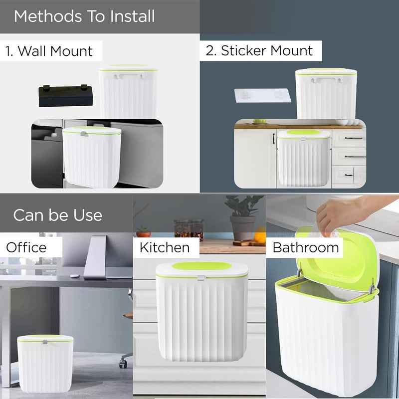 UMAI 8L Plastic Hanging Dustbin For Kitchen With Lid | Waste Bin For Bathroom | Trash Can | Under Sink Garbage Can | Wall Mounted With Double Sided Lid- Green - Image 5