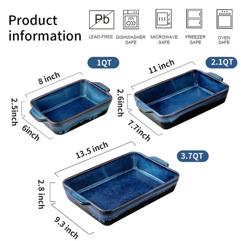 KOOV Bakeware Set, Ceramic Baking Dish, Rectangular Casserole Dish, Lasagna Pan, Baking Pans for Cooking, Cake Dinner, Kitchen, 9 x 13 Inches, Reactive Glaze 3-Piece (Nebula Blue) - Image 3