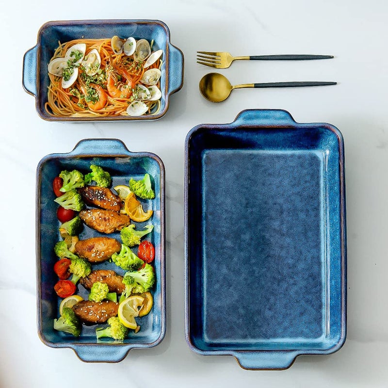KOOV Bakeware Set, Ceramic Baking Dish, Rectangular Casserole Dish, Lasagna Pan, Baking Pans for Cooking, Cake Dinner, Kitchen, 9 x 13 Inches, Reactive Glaze 3-Piece (Nebula Blue) - Image 4