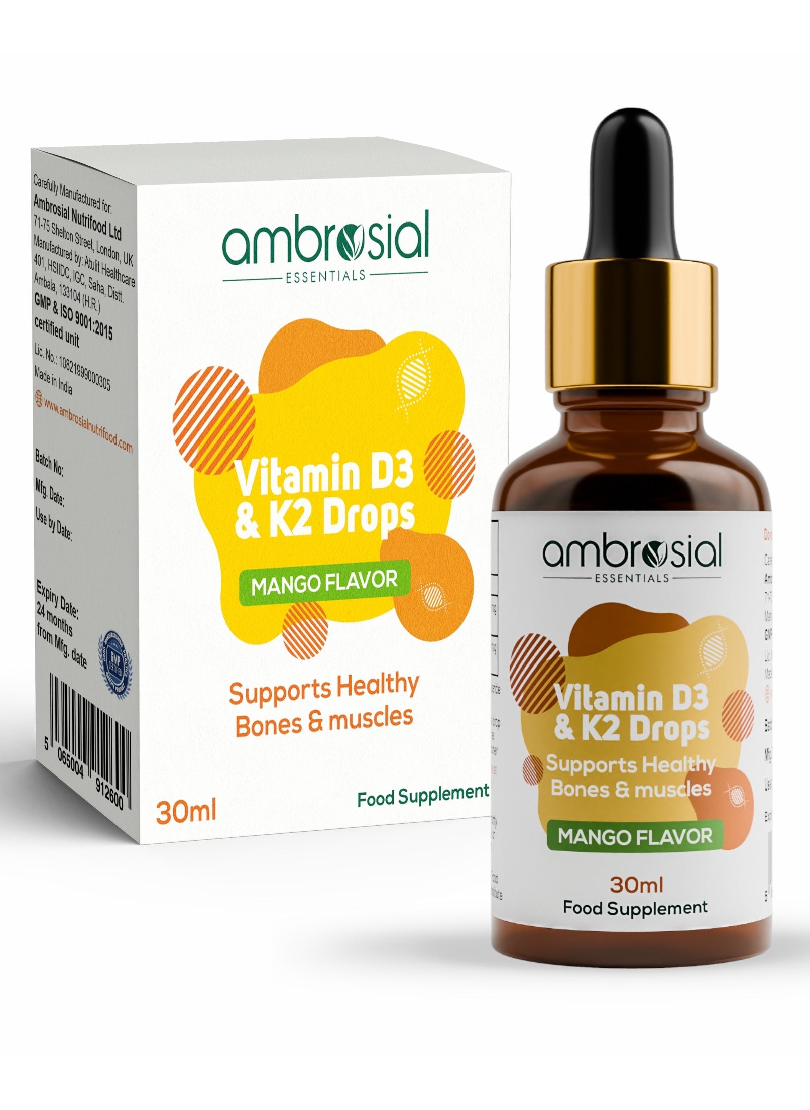 Vitamin D3 K2 Drops Mango Flavor Supports For Healthy Bones And Muscles 