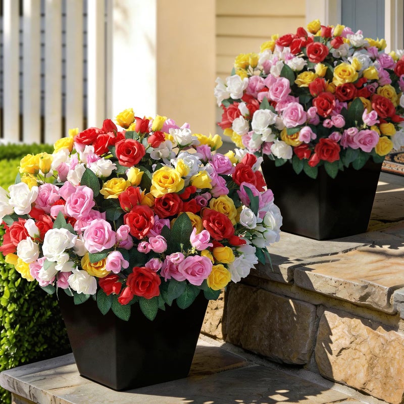 Juxdp 8 Bundles Artificial Roses for Front Door Outdoor Decor Realistic Fake Silk Bouquets Flowers Faux UV Resistant Real Looking Rose Plants for Garden Farmhouse Home Spring Summer Decor Mixed Color - Image 2