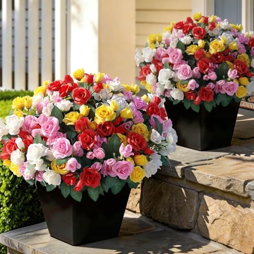 Juxdp 8 Bundles Artificial Roses for Front Door Outdoor Decor Realistic Fake Silk Bouquets Flowers Faux UV Resistant Real Looking Rose Plants for Garden Farmhouse Home Spring Summer Decor Mixed Color - Image 1