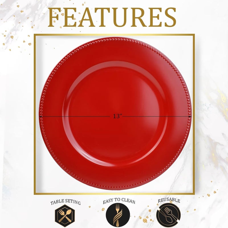Leemxiiny Set of 12 Red Charger Plates with Beaded 13 Reusable Plastic Table Chargers for Dinner Plates - Image 3