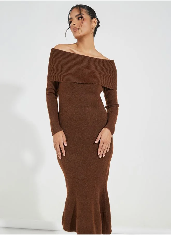 Styli Off Shoulder Mermaid Hem Sweater Midi Dress